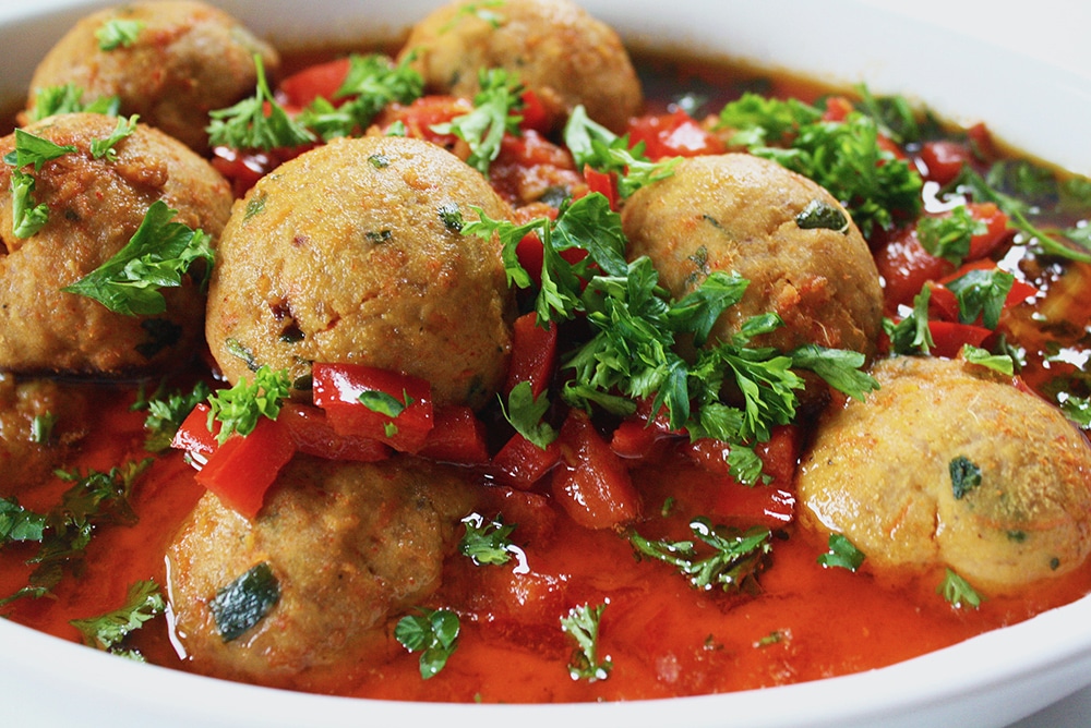 Close up of paleo Thai coconut curry meatballs