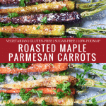 pinterest pin of rainbow carrots garnished with parsley and parmesan cheese