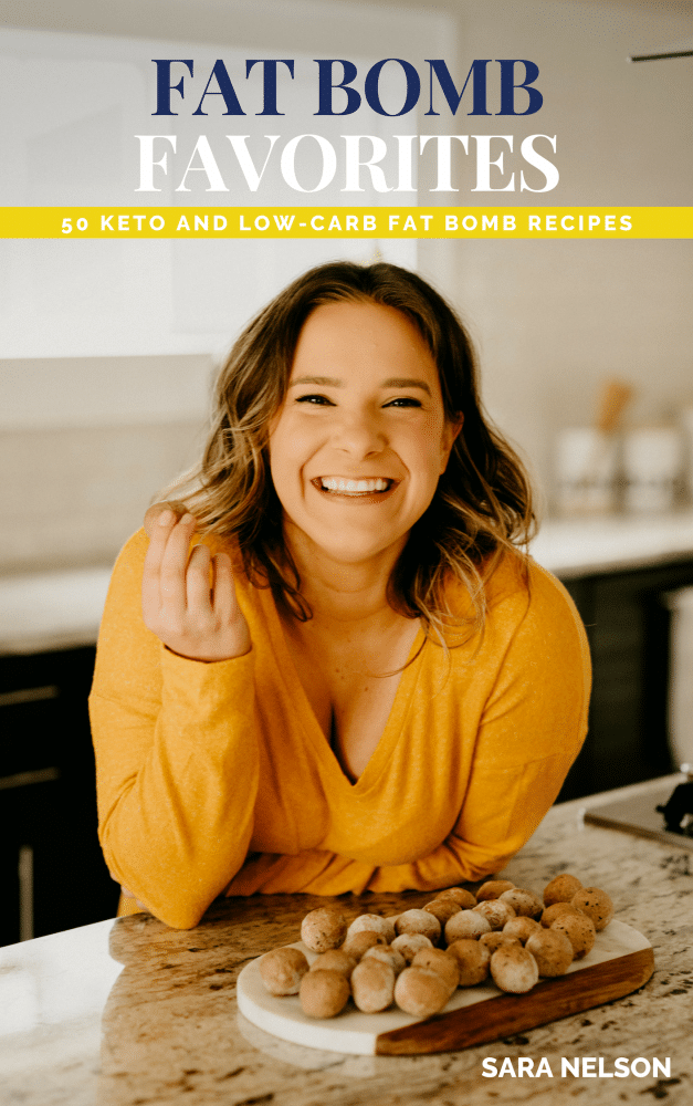 Keto fat bomb favorites cookbook cover with photo of Sara Nelson in kitchen holding a fat bomb
