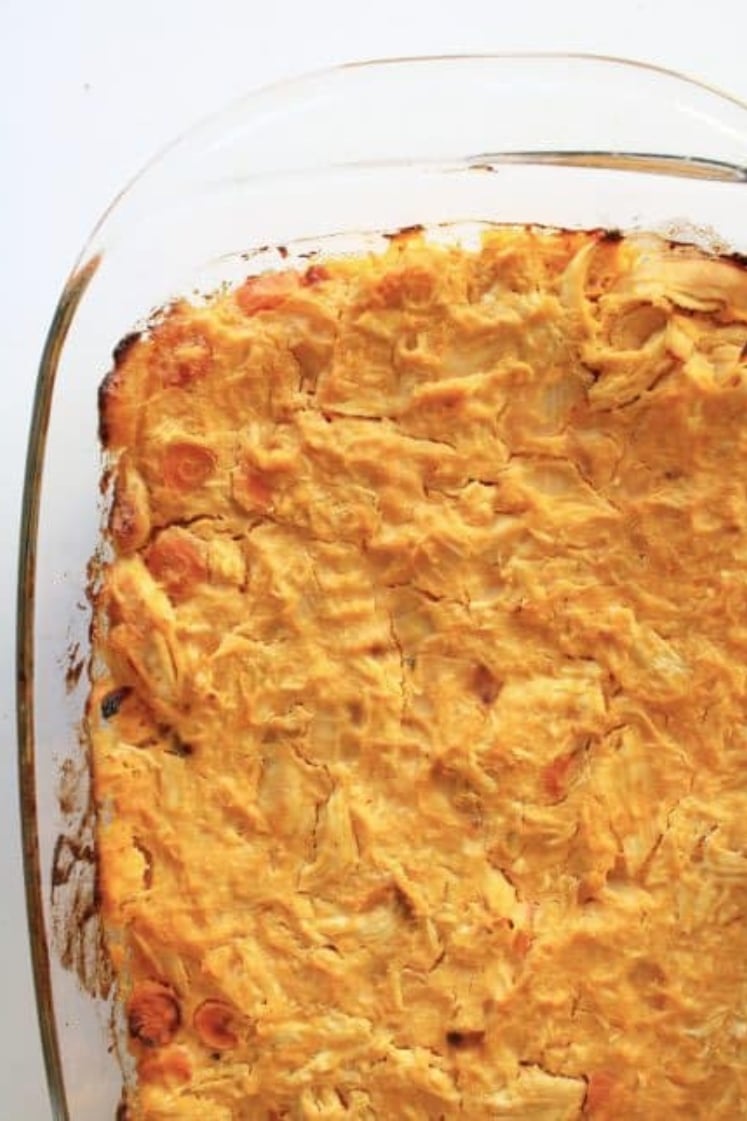 Buffalo Chicken Casserole in a glass baking dish