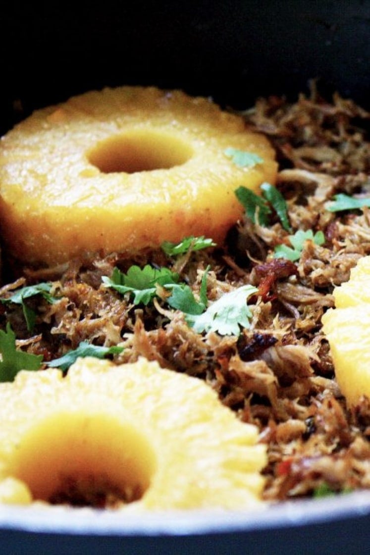 Pressure Cooker Low-FODMAP Citrus Carnitas with pineapple rings