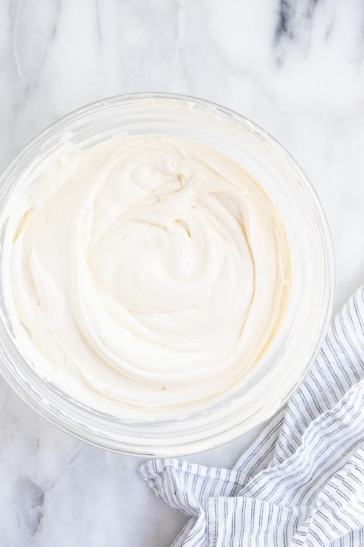 cream cheese, eggs, monk fruit sweetener, vanilla extract, cream of tartar, and baking soda mixed together using an electric mixer