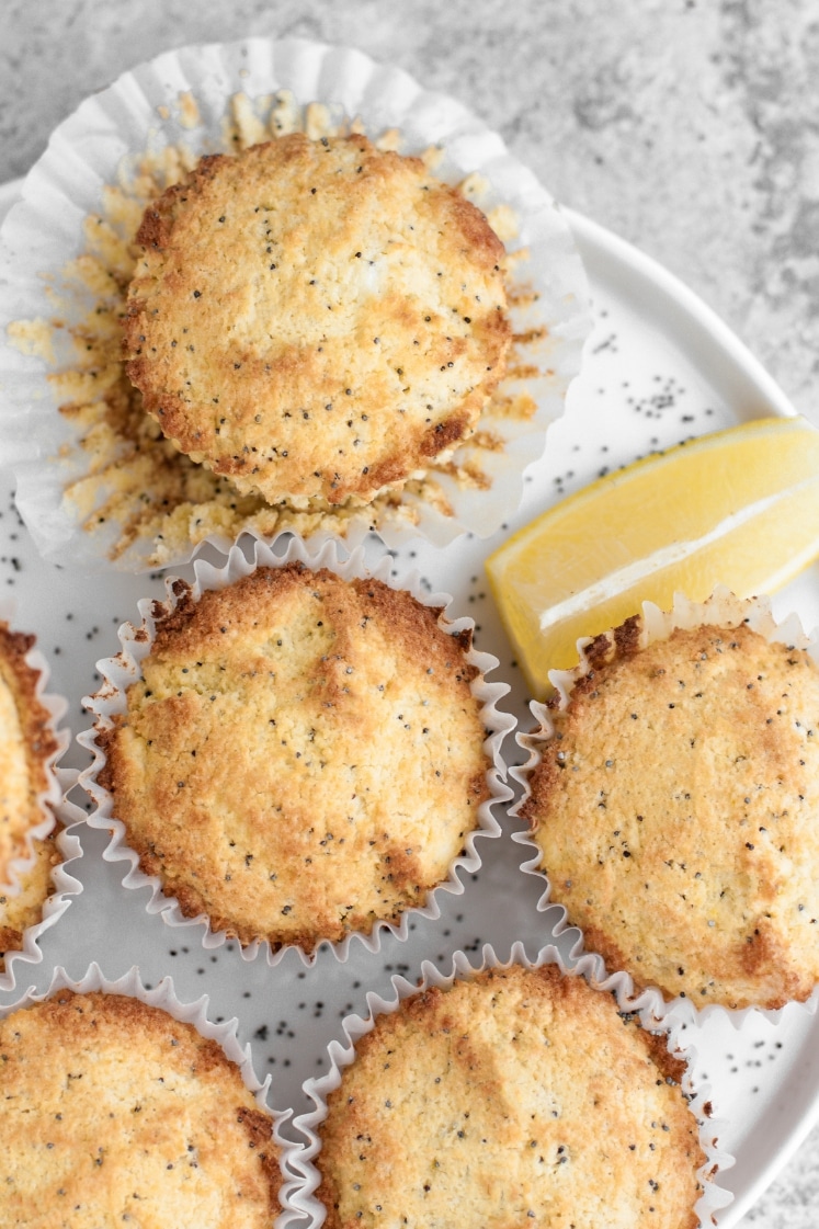 overhead hero shot of keto lemon poppy seed muffins