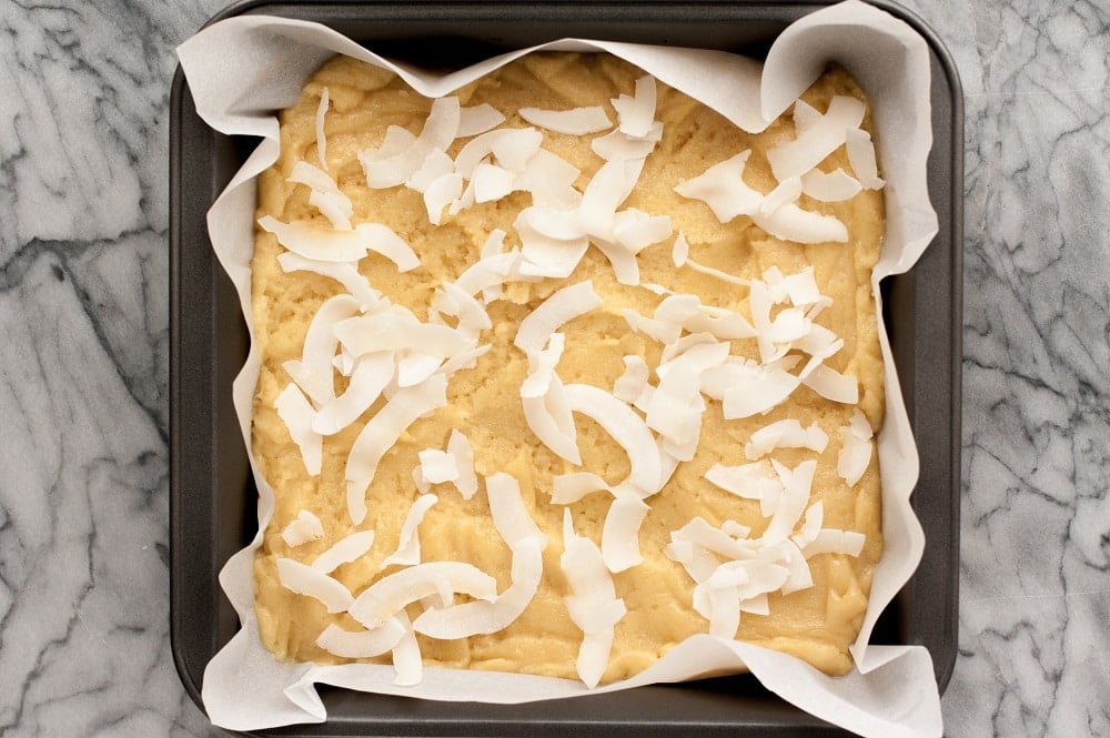 all-ingredients-for-Low-Carb-Coconut-Blondies-in-baking-pan-ready-to-be-baked