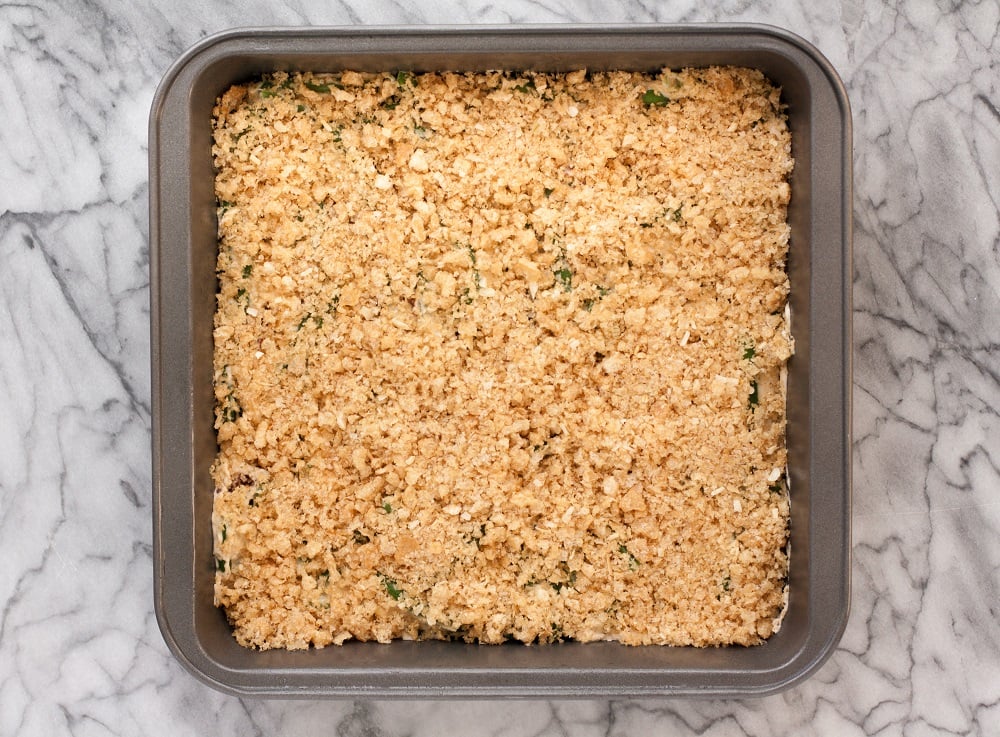 bacon-green-bean-casserole-in-baking-pan-on-marble-board