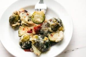 one-pan pepper jack brussels sprouts eaten with a fork