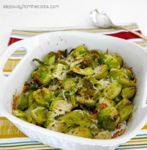 roasted brussel sprouts with parmesan in a deep baking dish