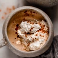 overhead shot of a mug of cinnamon dolce latte