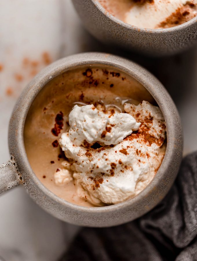 overhead shot of a mug of cinnamon dolce latte