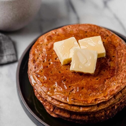 Hero shot of Flourless Pumpkin Spice Pancakes