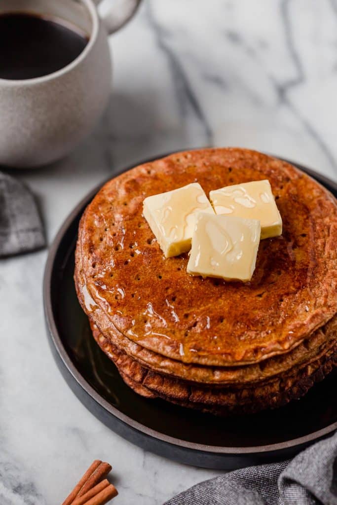 Hero shot of Flourless Pumpkin Spice Pancakes