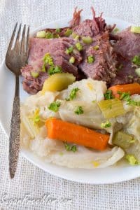 low carb corned beef and cabbage on plate with a fork