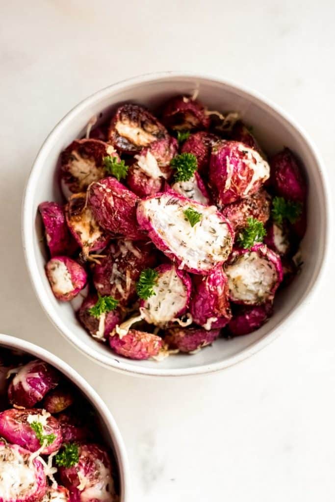 close-up shot of keto roasted radishes