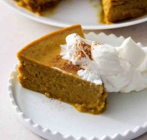 a slice of pressure cooker keto low carb pumpkin pie pudding on a plate