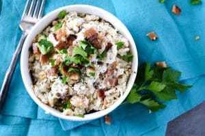 Bowl of Chicken Bacon Ranch Casserole on a Blue cloth