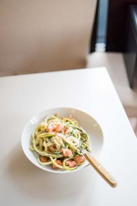 3-Ingredient Creamy Keto Salmon Pasta in a bowl with a fork