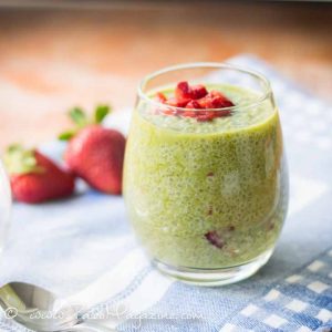 Glass cup of Strawberry matcha Chia Pudding
