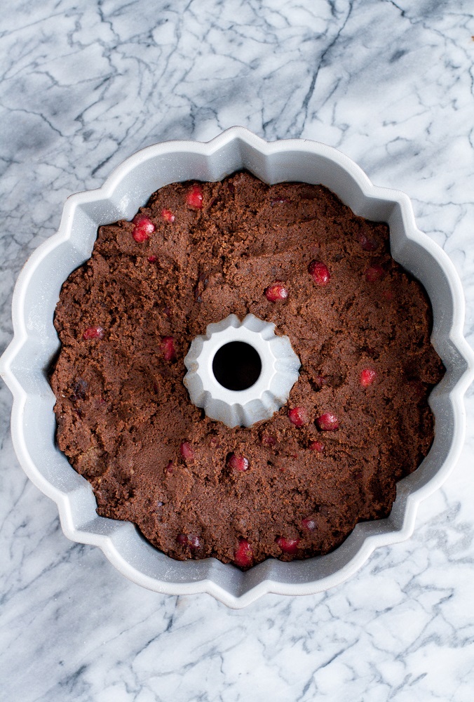 Low Carb Chocolate Cranberry Bundt Cake with Sherry Cooking Wine batter in a bundt pan
