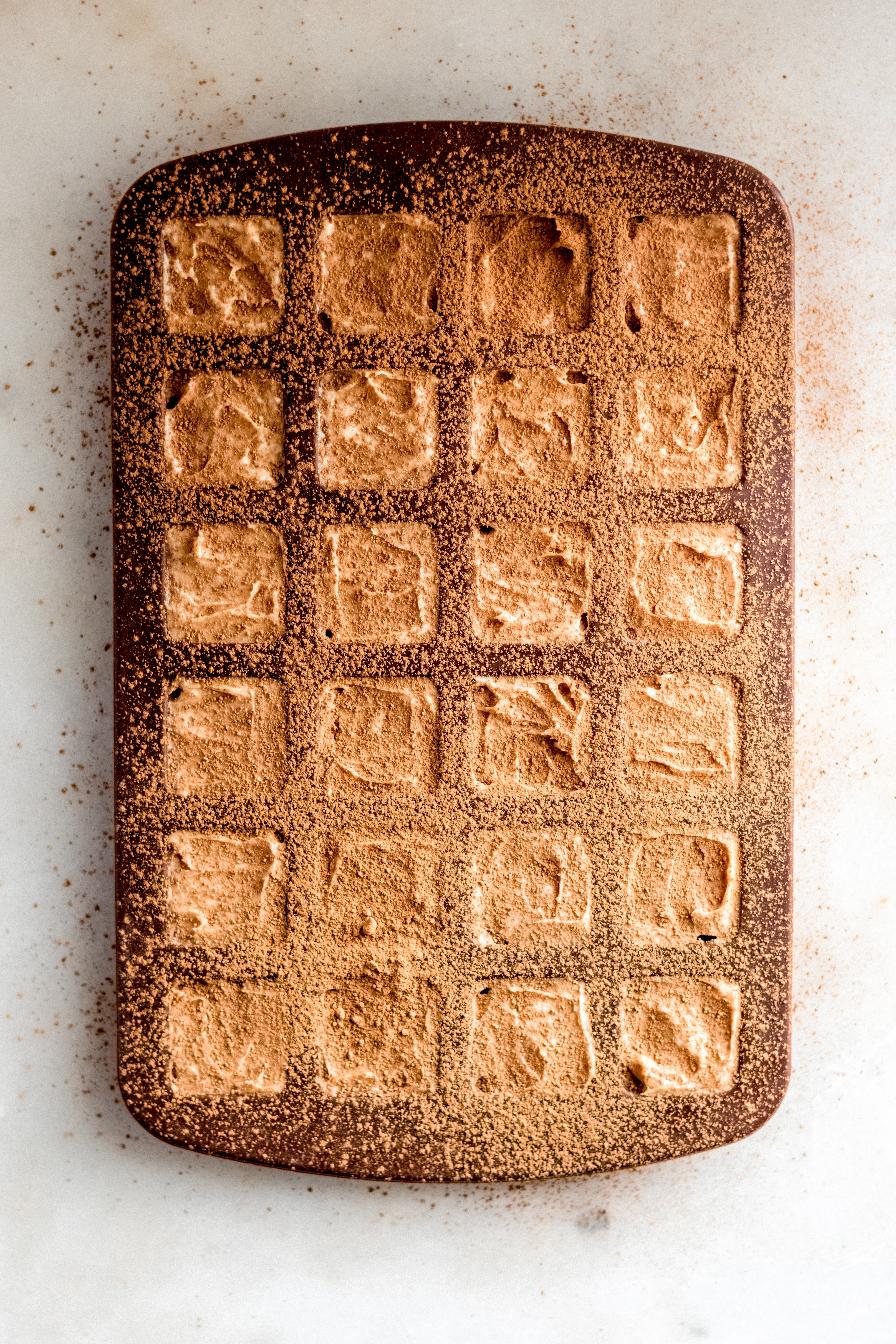 Tiramisu crust and cream cheese mixture in a silicon mold sprinkled with cocoa powder on top image