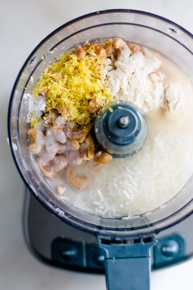 lemon bar fat bomb ingredients poured into a food processor
