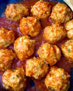 Closeup of buffalo chicken meatballs