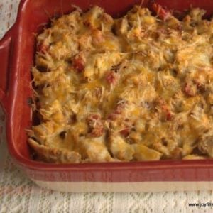 Chicken Fajita Casserole in a red dish