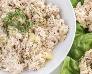 White bowl with Buffalo Dill Chicken Salad