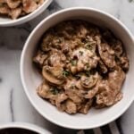 hero shot overhead picture bowls of keto beef stroganoff