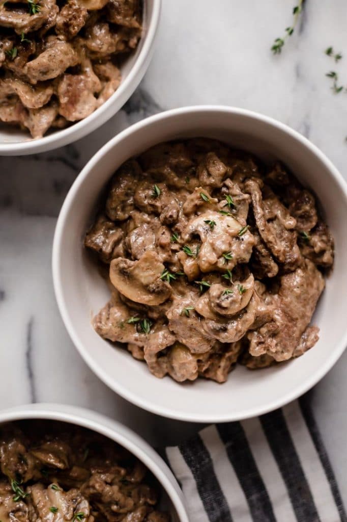 hero shot overhead picture bowls of keto beef stroganoff