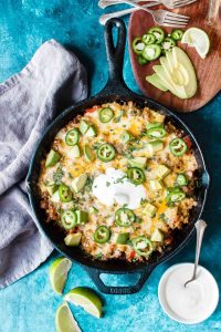 Top view of keto cheesy Mexican taco skillet in a cast iron skillet