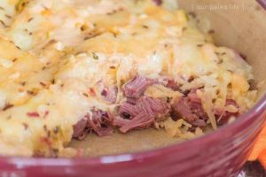red dish with reuben casserole