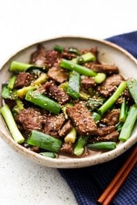 Whole30 Mongolian Beef bowl and wooden chopsticks