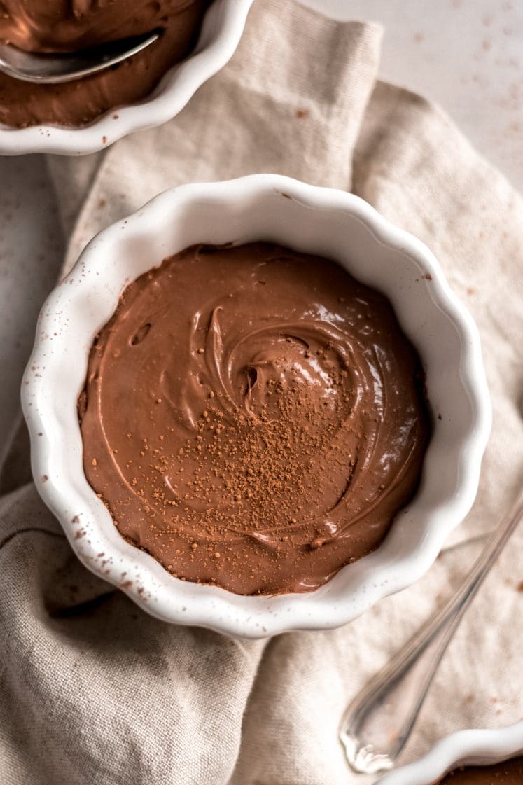 overhead hero shot a bowl of keto chocolate pudding