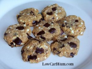 a plate of keto flourless peanut butter chocolate chip cookies