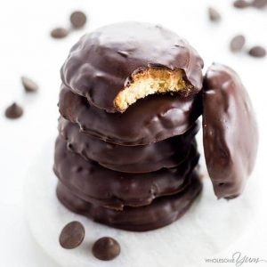 stack of 5 tagalong cookies with one leaning against it