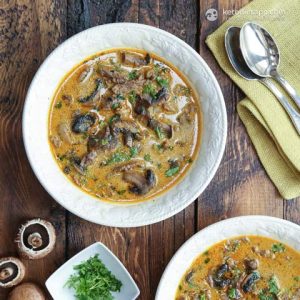 2 White bowls with Keto Beef Stroganoff Soup
