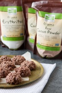 Double Chocolate Haystacks with packets of organic erythritol and raw cacao powder