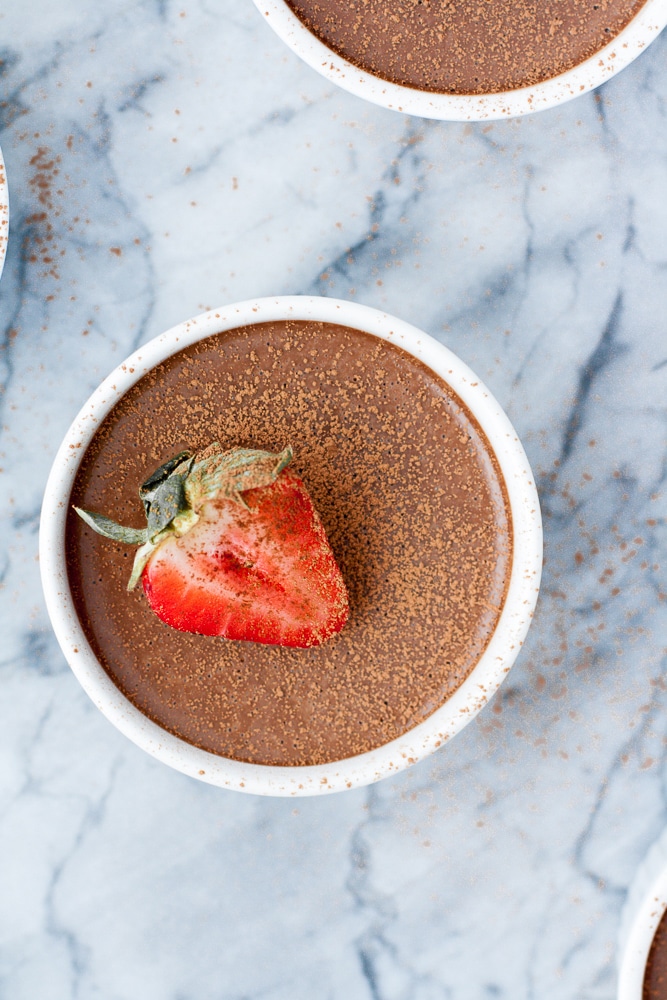 overhead shot of chocolate strawberry panna cotta