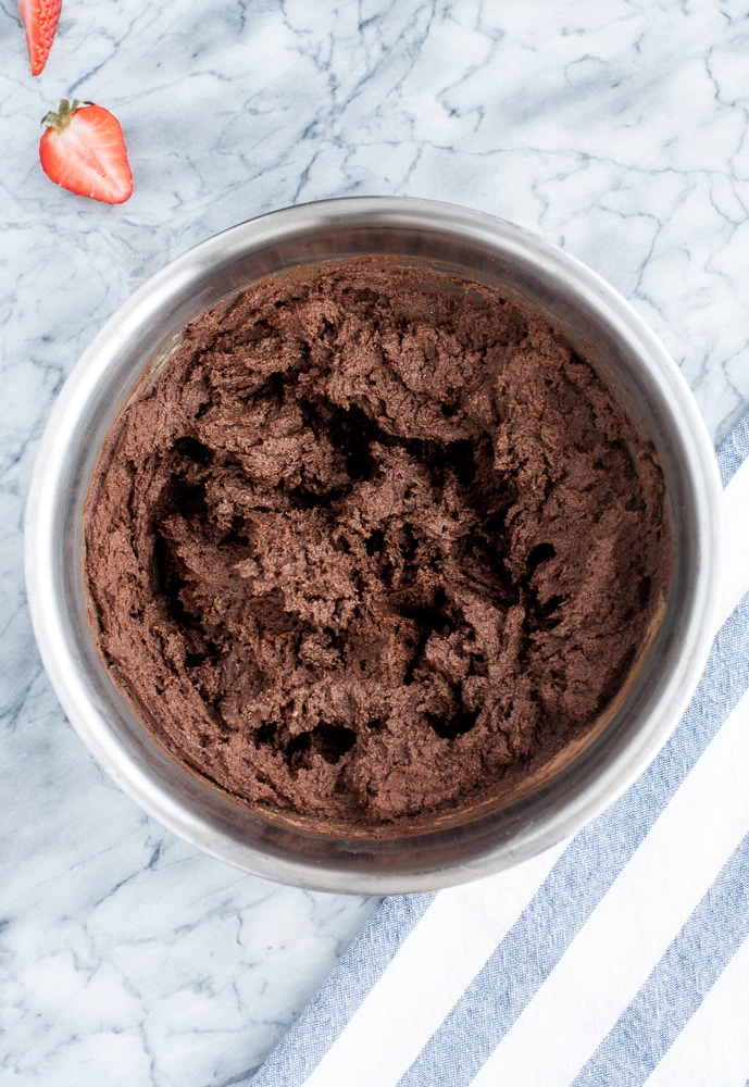 Low Carb Chocolate Strawberry Cupcakes batter in a stainless steel mixing bowl