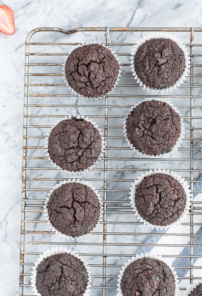 Low Carb Chocolate Strawberry Cupcakes without frosting on a cooling rack