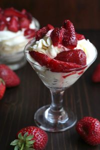 Low Carb Mascarpone Mousse with Roasted Strawberries in a small serving glass