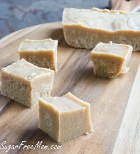 3 Ingredient Sugar-Free Peanut Butter Fudge on a wooden cheese board