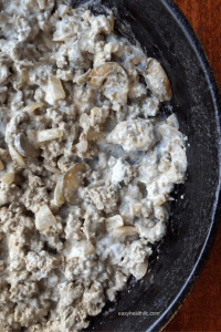 Off-centered closeup of Low Carb beef stroganoff Bowl in a skillet