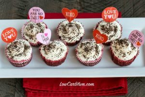 seven Red Velvet Cheesecake Cupcakes with heart decor
