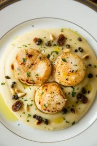 Seared Scallops with Cauliflower Puree, Pine Nuts & Raisins