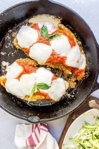 top view of keto chicken parmesan in a skillet
