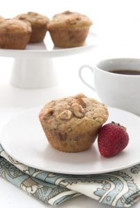 keto zucchini muffins on a saucer beside a strawberry and a cup of coffee