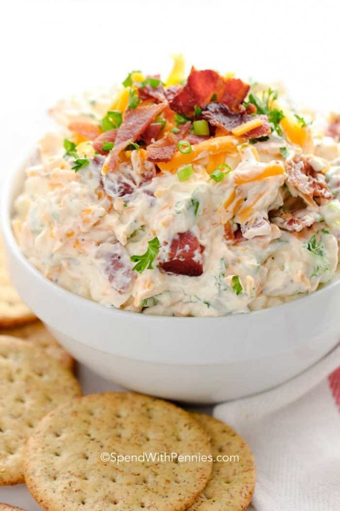 white bowl helping with bacon cheddar dip