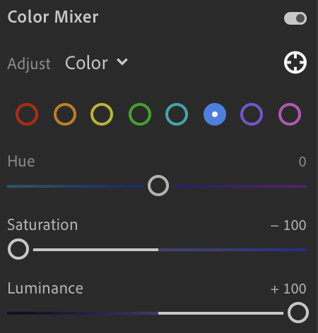 color mixer in adobe lightroom displaying how to adjust white balance by altering blue saturation and blue luminance