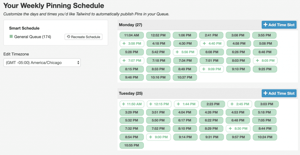 Tailwind for Pinterest SmartSchedule Screenshot of Times of Day to post